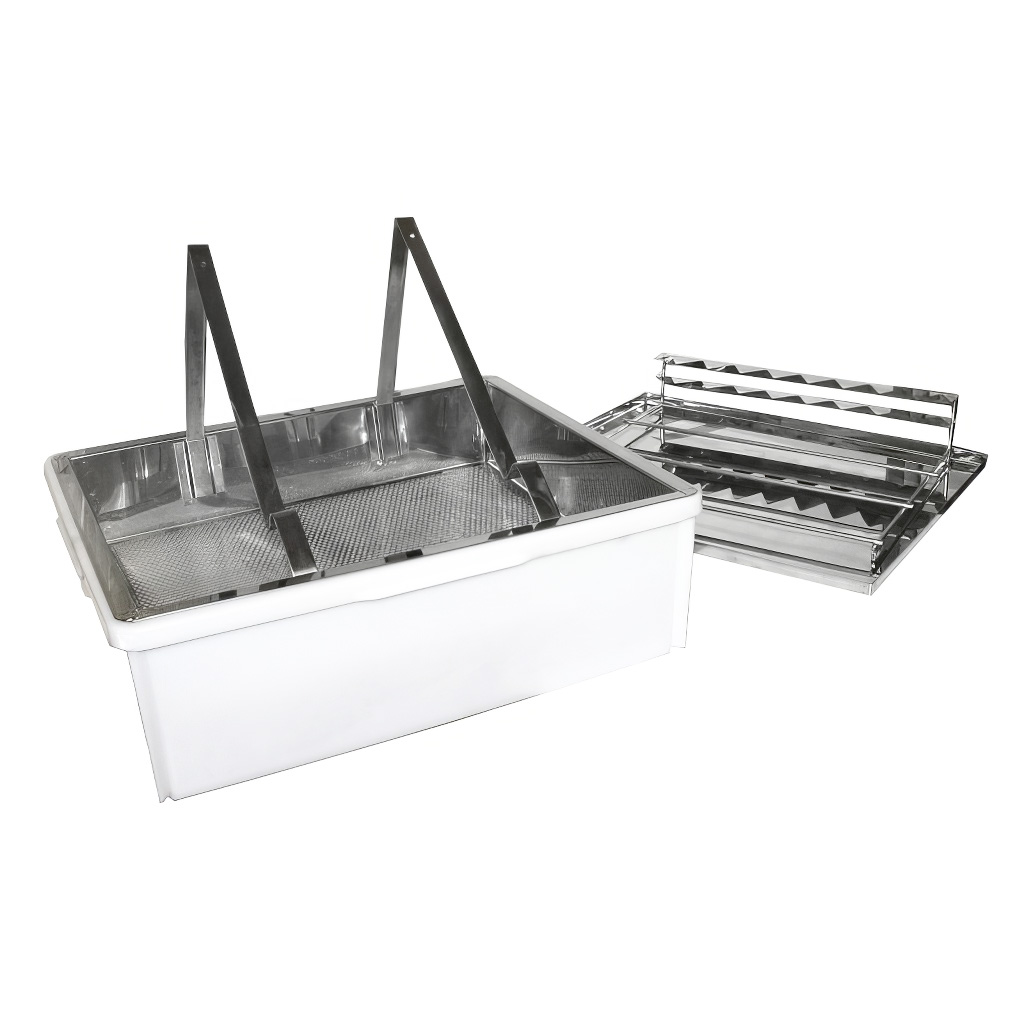 Bandeja de desoperculado ApiNord - acero inoxidable - con soporte para 1 cuadro.